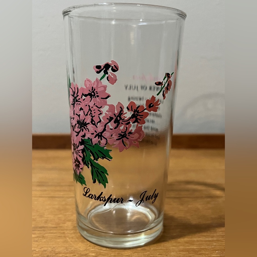 Vintage Brockway Flower Of The Month July Lokspur drinking glass